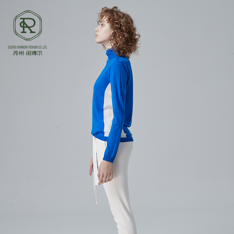 Jersey de mujer con cuello alto y 18GG Intarsia SIN COSTURAS LANA RWS 