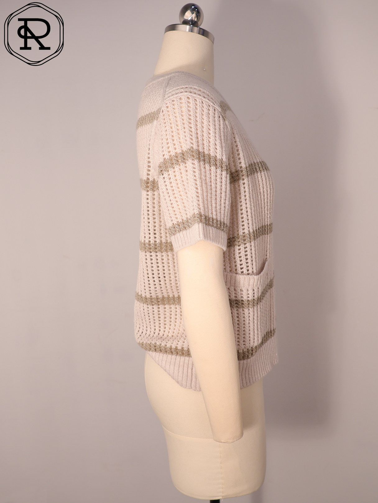 Cardigan en maille pointelle ray&eacute; &agrave; manches courtes avec poches